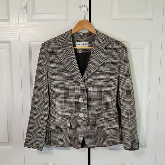 Vintage Jaeger Womens Houndstooth Blazer Size SM Gray & White Single Breasted - Picture 1 of 12